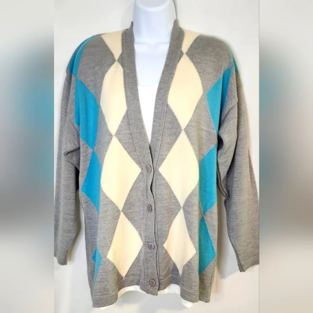 Pendleton Gray Turquoise‎ Diamond Wool Cardigan Womens Large Petite Oversized
